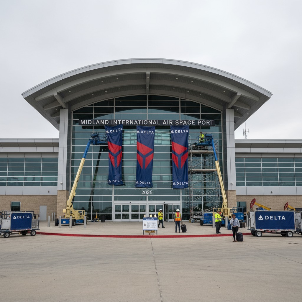 Midland International Air & Space Port terminal building exterior during 2025