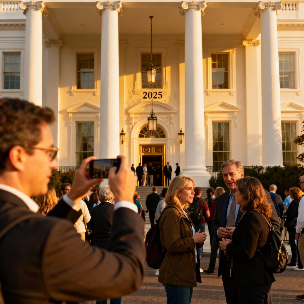 tourists visiting the White House 2025 front lawn