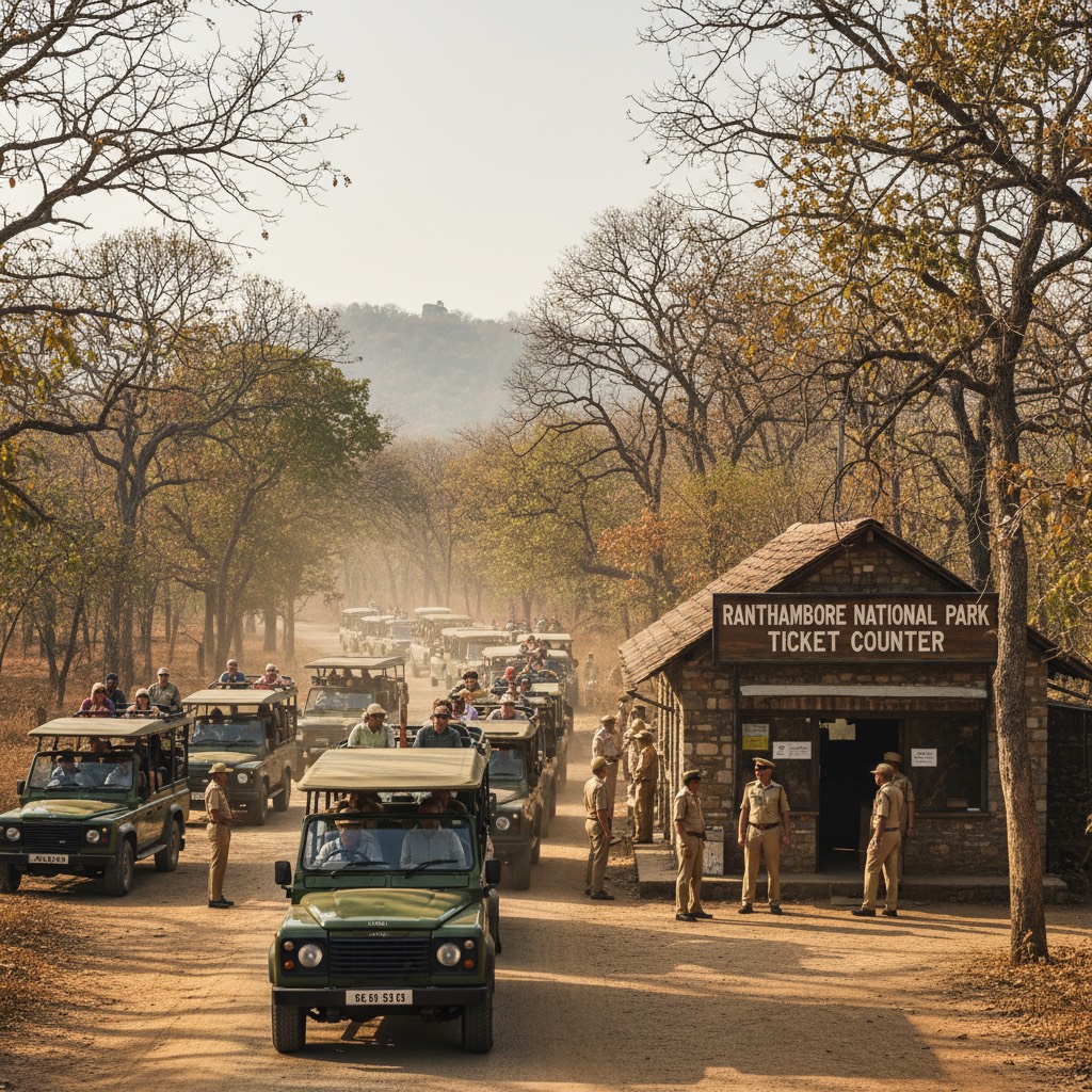 Tourists checking Ranthambore National Park ticket prices