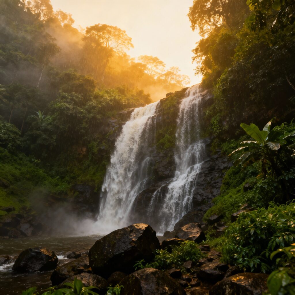 Tourists enjoying at Bangoru Waterfall during monsoon season