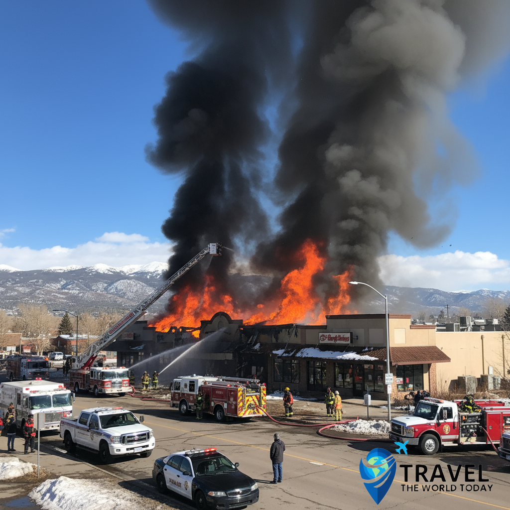 Smoke rising from Nederland fire Caribou Village Shopping Center early morning