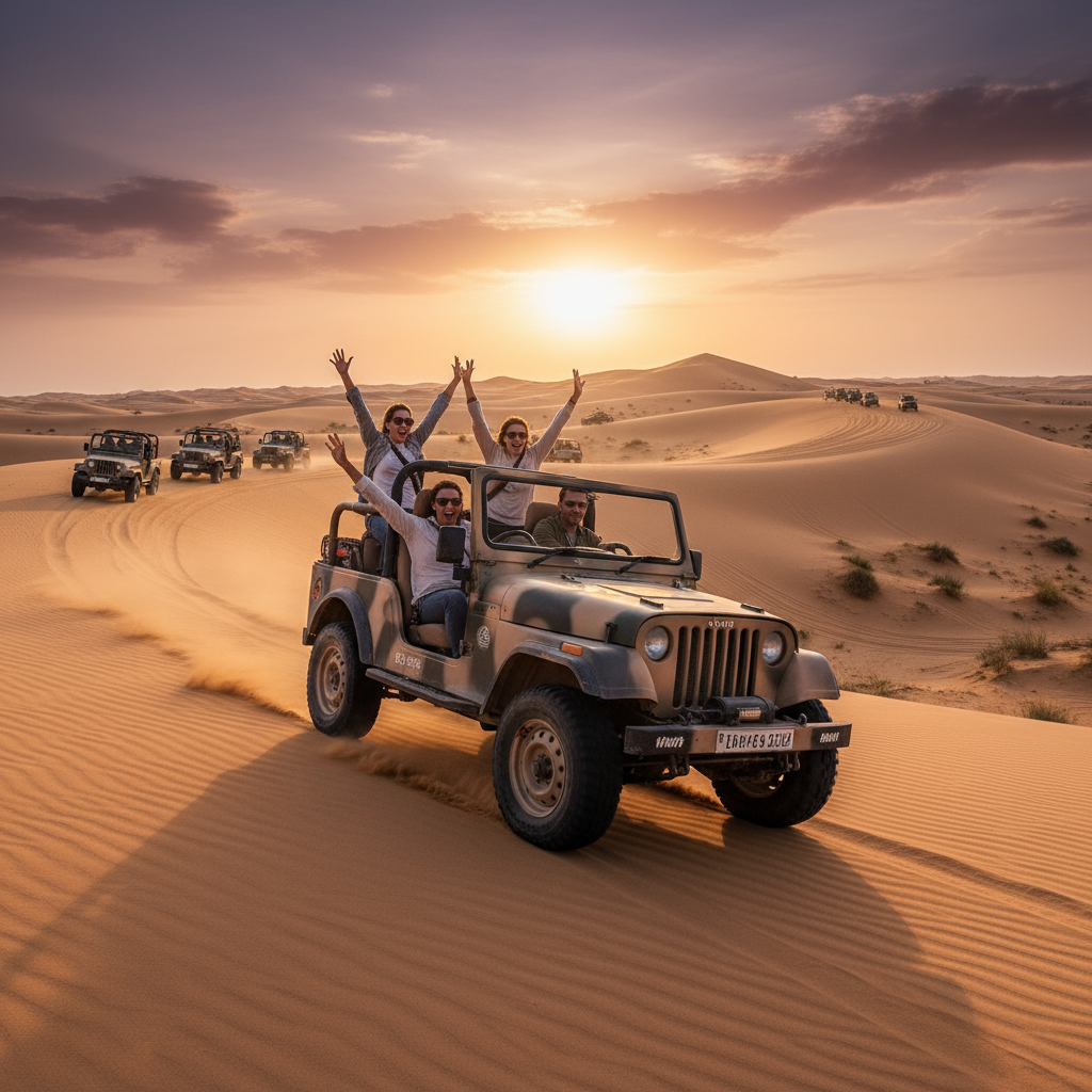 Tourists driving the scenic distance from Jaisalmer to Sam Sand Dunes route