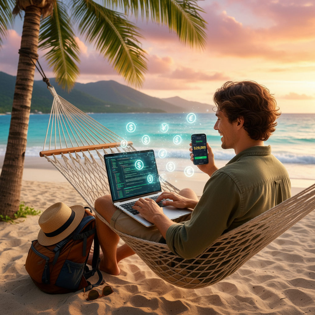 Digital nomad working online and showing how to get paid to travel